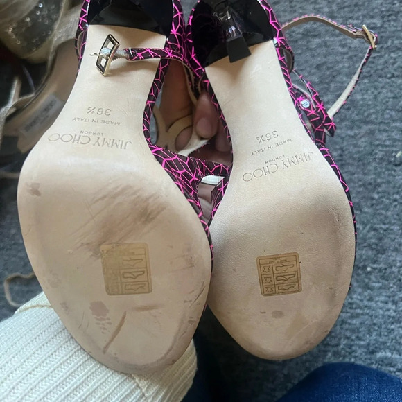Jimmy Choo Pink and Black Print Patent Lance Strappy Sandals Size 36.5 - Picture 5 of 9